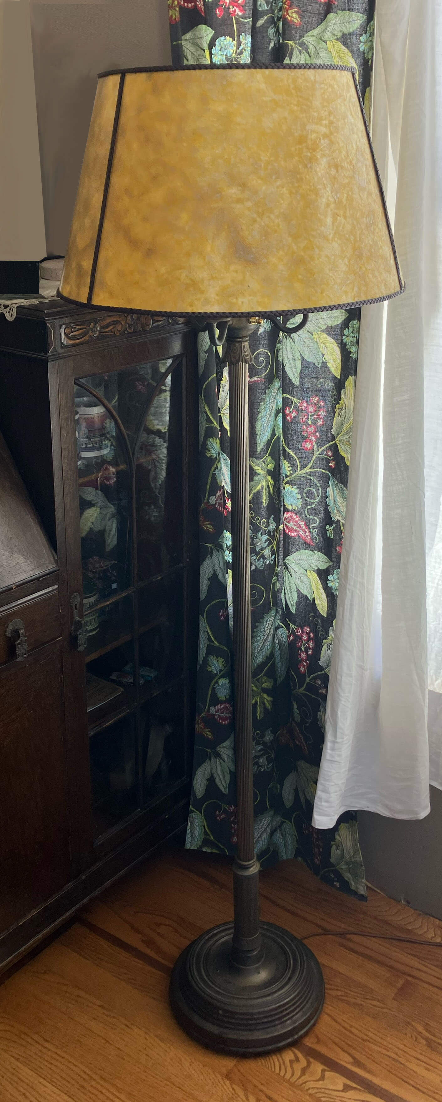 Gold Mica Lamp Shade shown on a vintage Floor Lamp