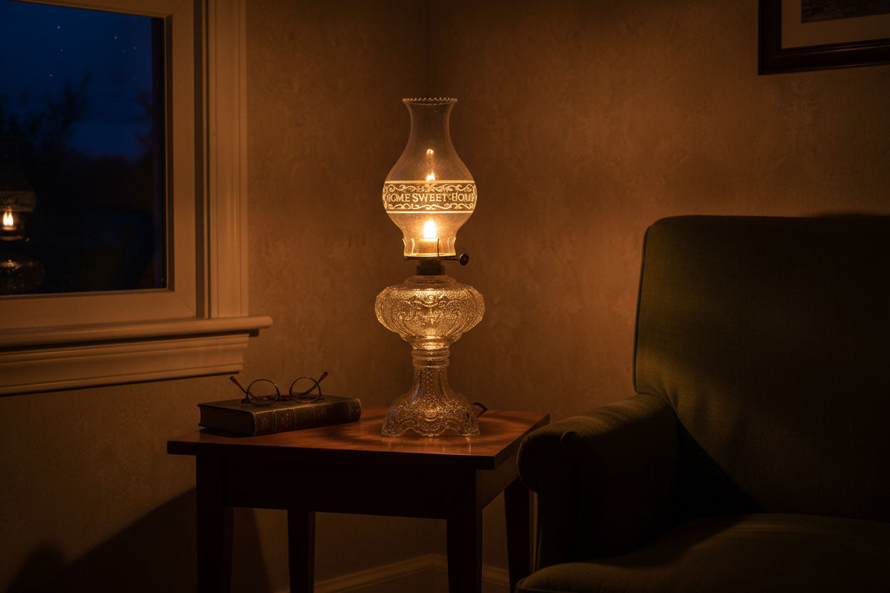 Vintage Home Sweet Home Oil Lamp lit - Paxton Hardware
