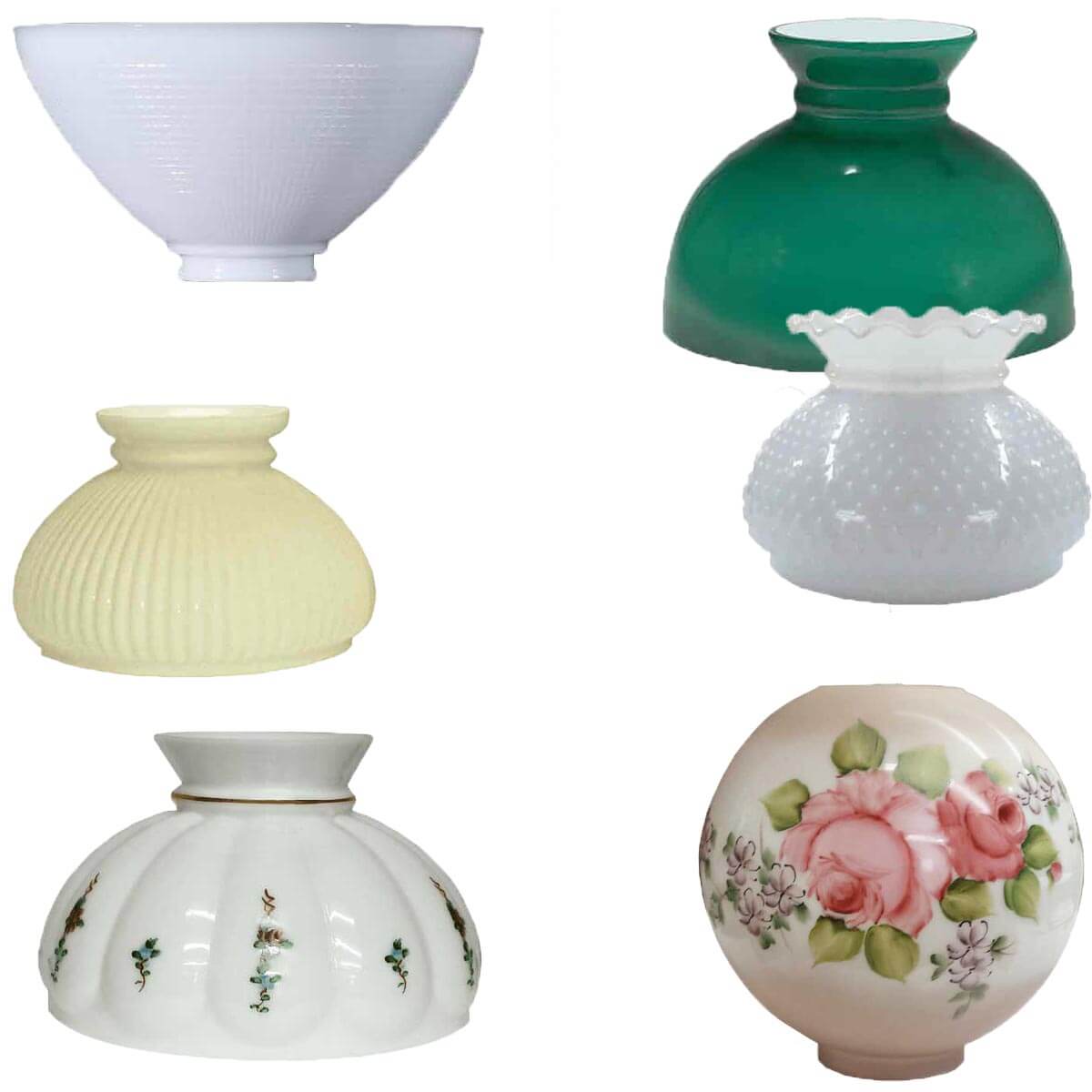 Replacement Glass Lamp Shades for oil lamps, student lamps and banquet lamps.