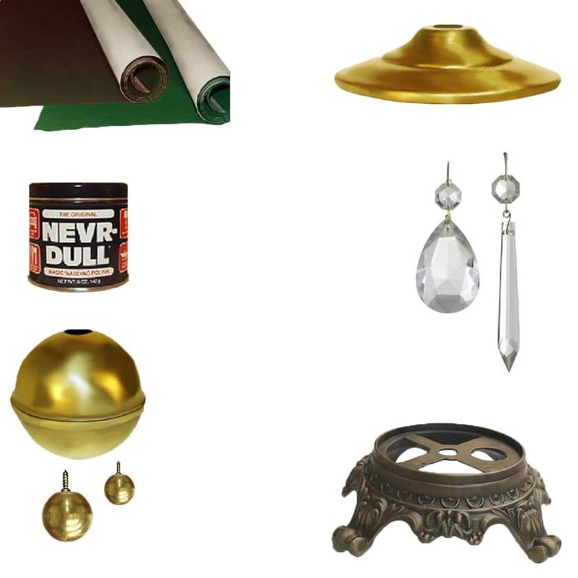 Replacement parts for lamp restoration. Lamp bases, brass balls, lamp crystals and prisms, vase caps, adhesive felt and nevr dull metal polish