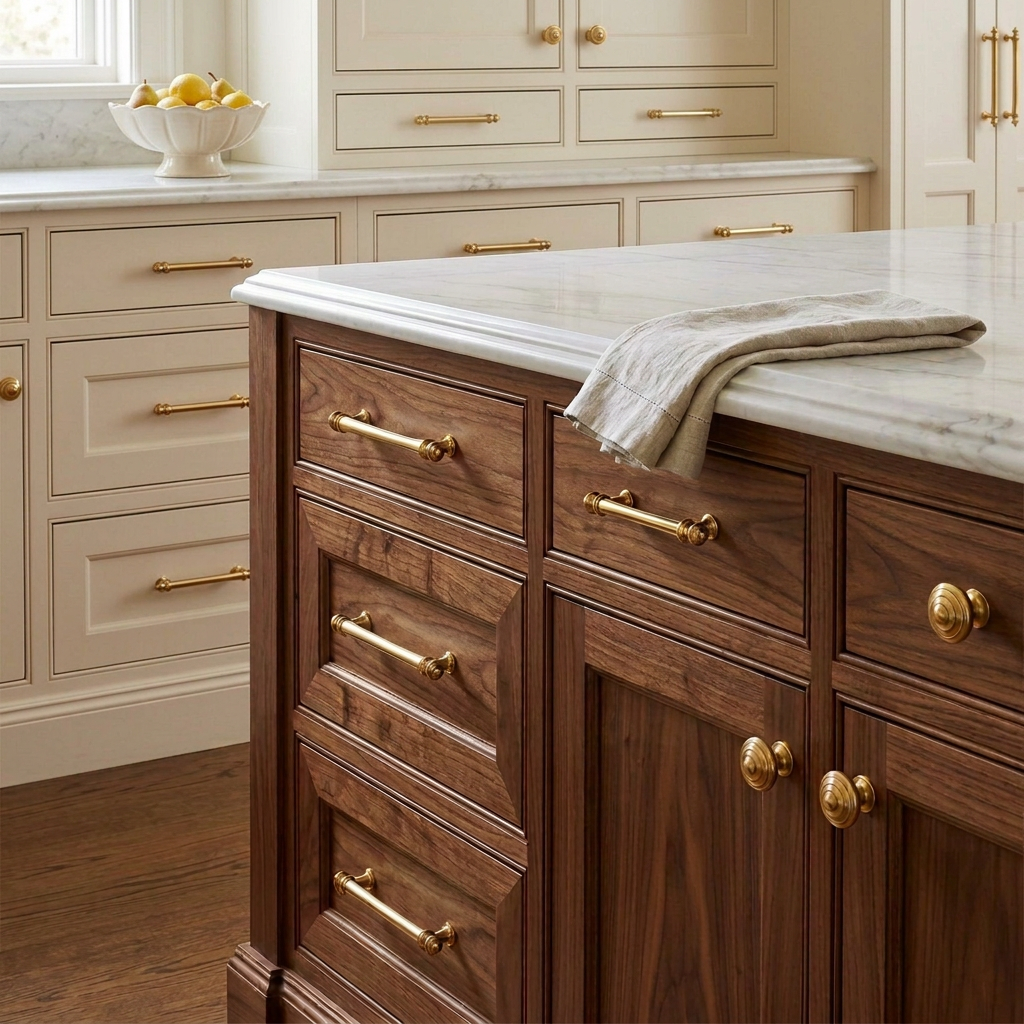 Transitional Solid Brass Cabinet Handles and matching Knobs - Paxton Hardware
