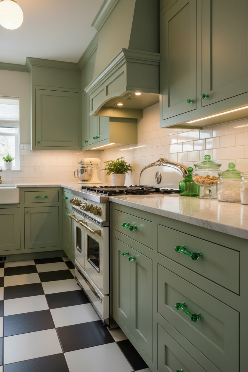 Green glass handles and matching knobs in stylish kitchen setting - Paxton Hardware