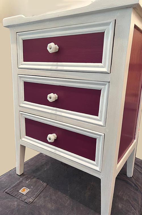 White milk glass knobs show on 3 drawer chest