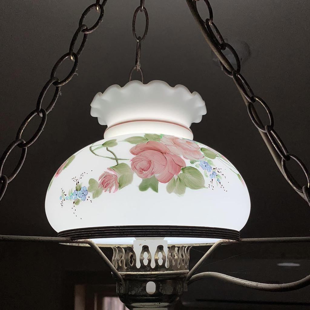 Pink Rose Lampshade shown lit, Paxton Hardware