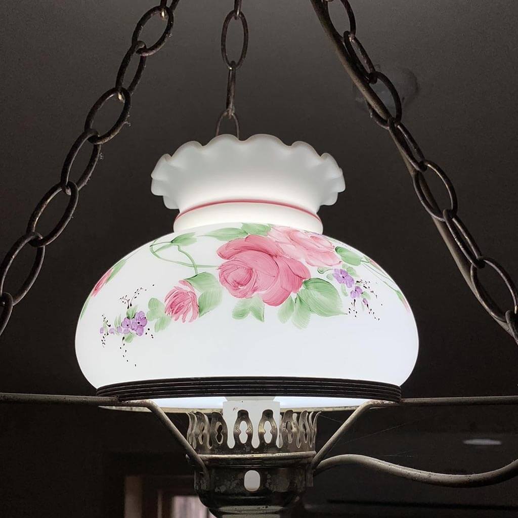 Pink Rose Lampshade shown lit, Paxton Hardware