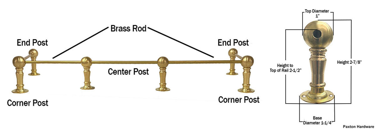 Diagram of brass cabinet rail components and post measurements - Paxton Hardware