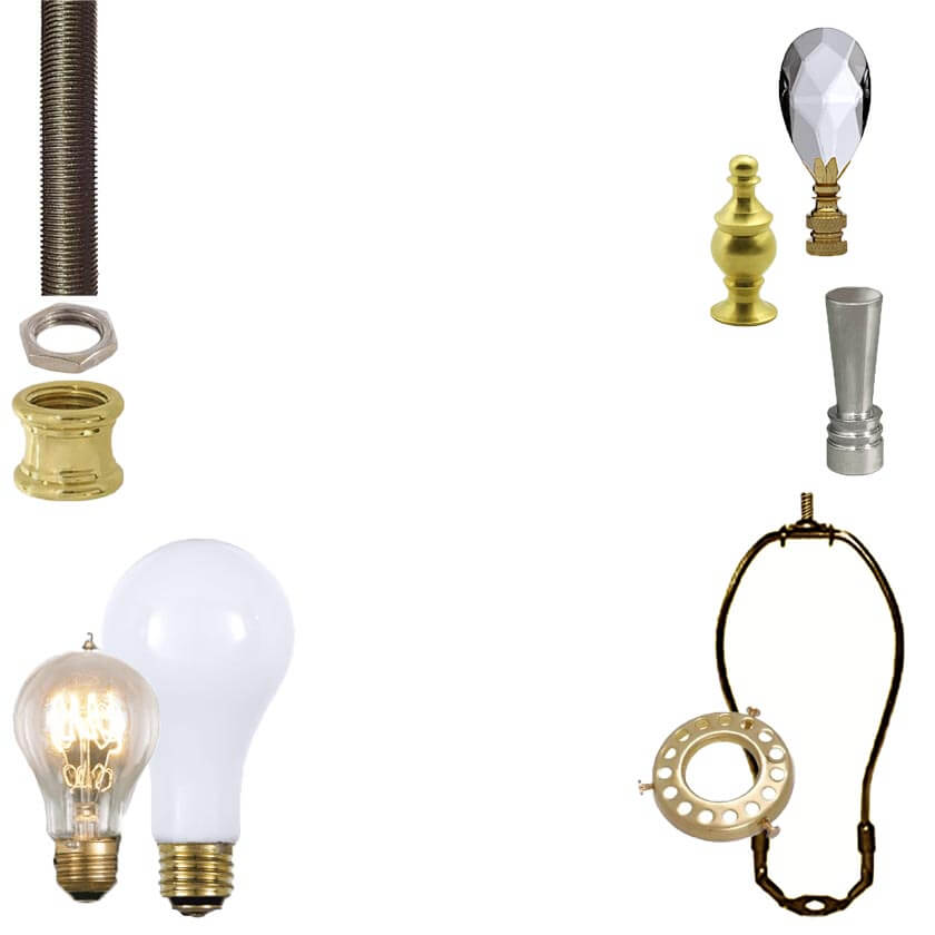Replacement lamp parts for electric lamps: finials, light bulbs, all thread pipe, lamp harps, shade holders 