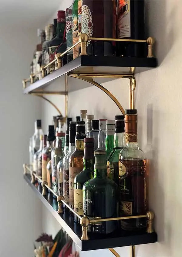 Brass Gallery rail with Brass Shelf Brackets for bar shelf