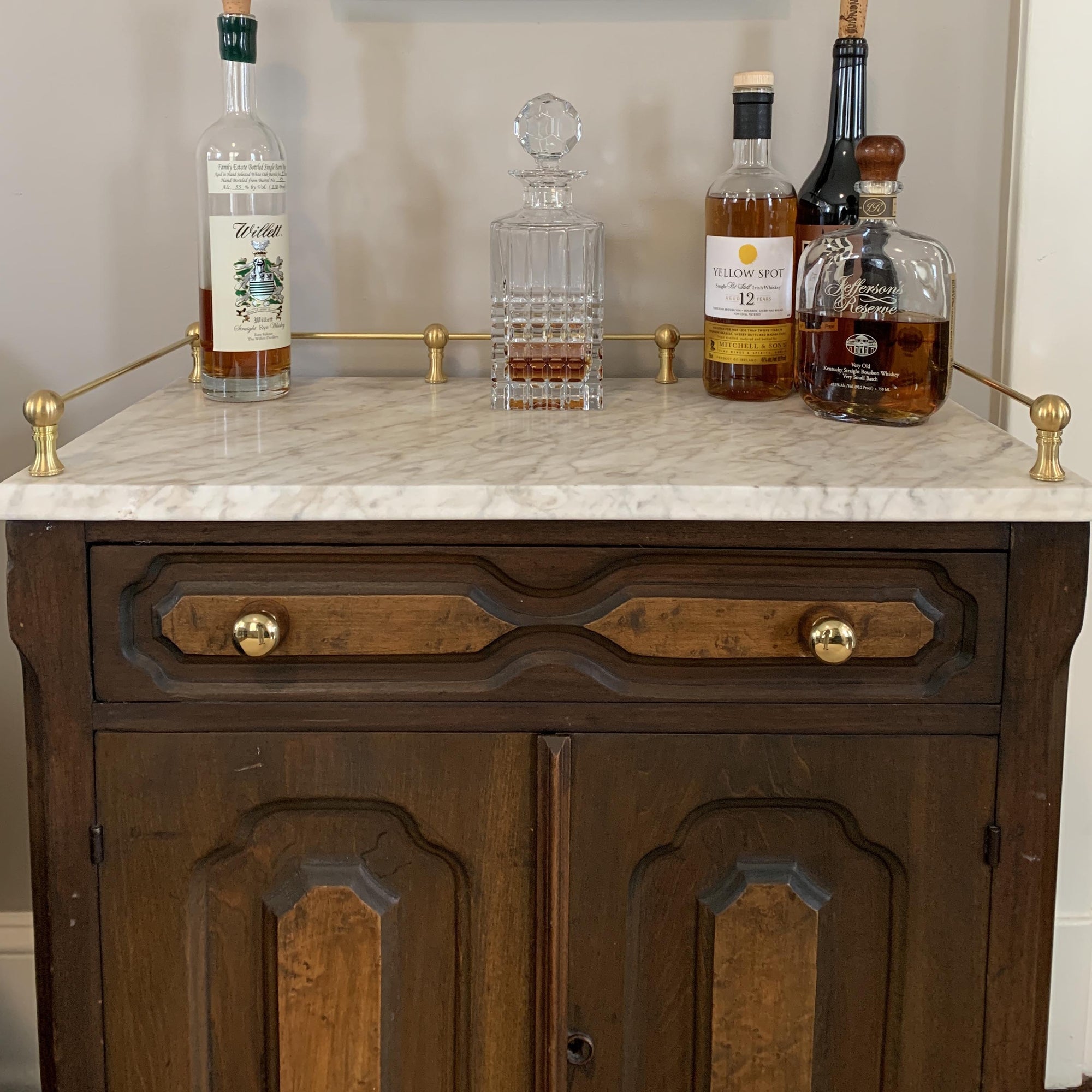 Brass Gallery Rail on marble top wash stand