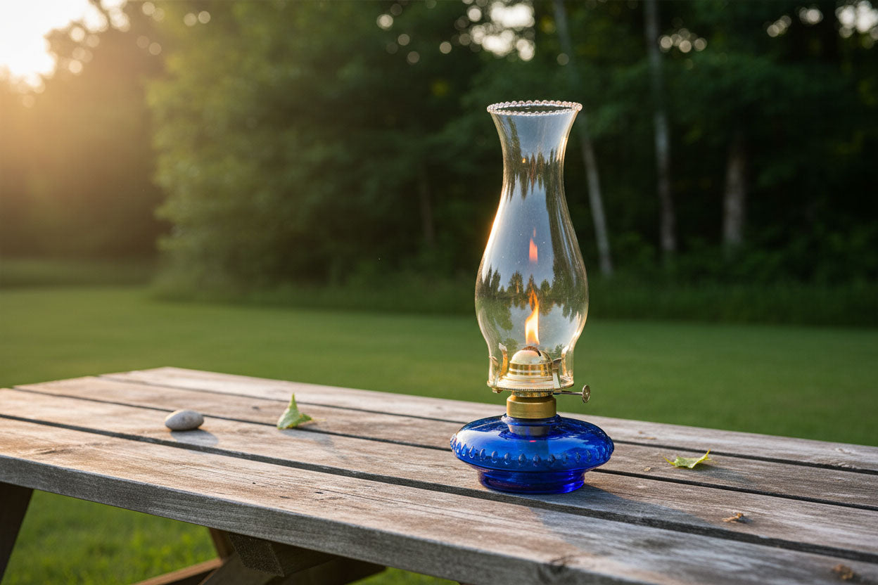Blue Oil lamp on outdoor table for a summer evening - Paxton Hardware