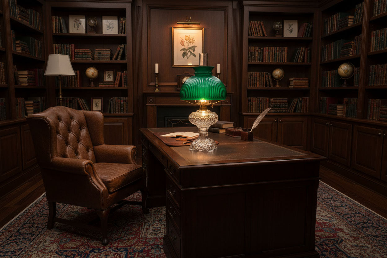Antique style lamp shown in library - Paxton Hardware