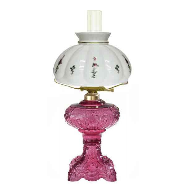 Cranberry Vintage Glass Lamp, decorated melon shade