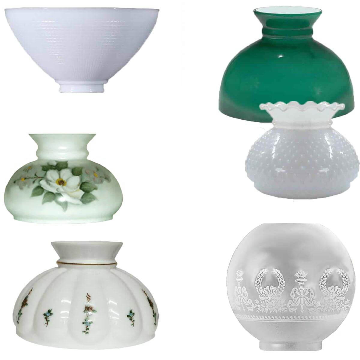 Replacement Glass Lamp Shades for oil lamps, student lamps and banquet lamps.