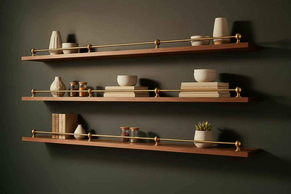 Short Brass Rail Shown on Floating Shelves - Paxton Hardware