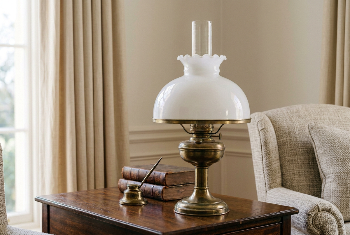 Milk Glass Student Lamp Shade on antique lamp - Paxton Hardware