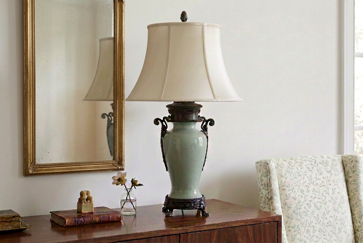 Antique lamp with modified bell silk lamp shade - Paxton Hardware