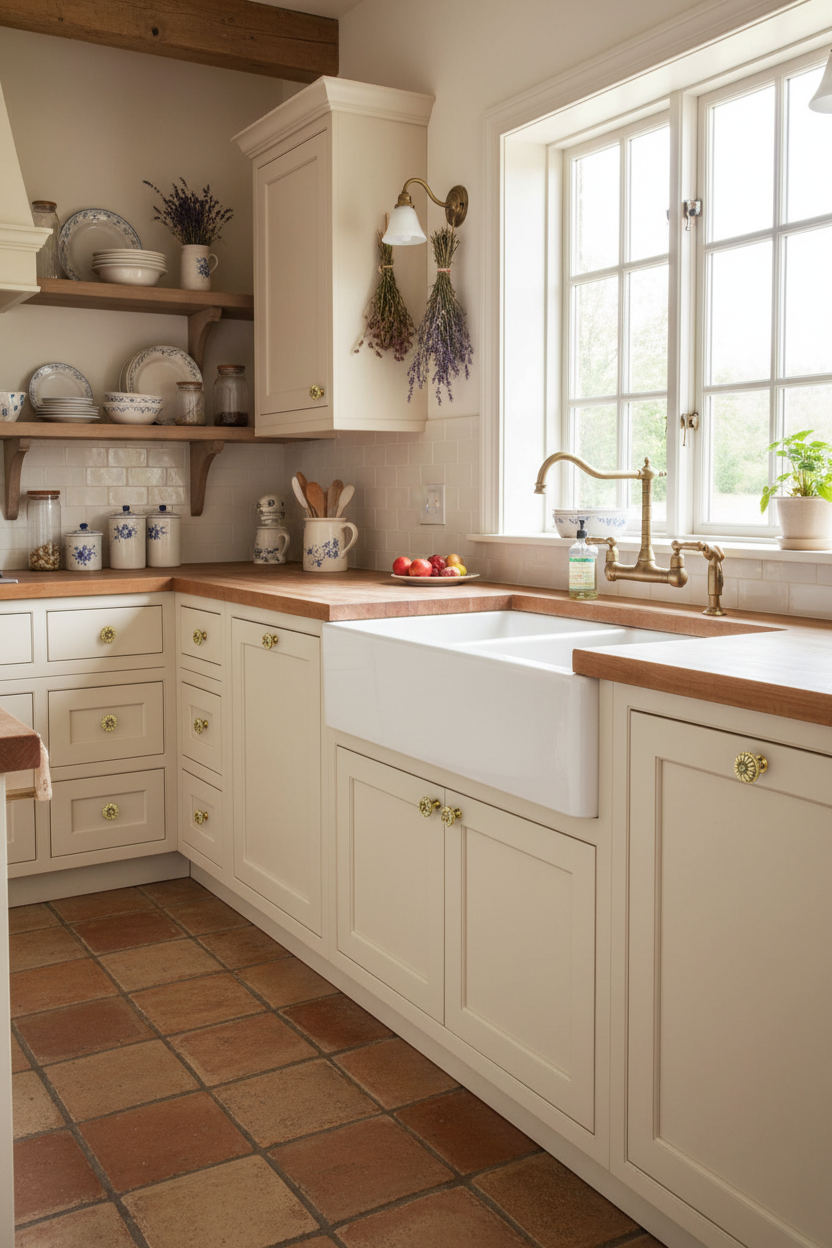 Brass Floral Knobs shown in a French County Kitchen - Paxton Hardware