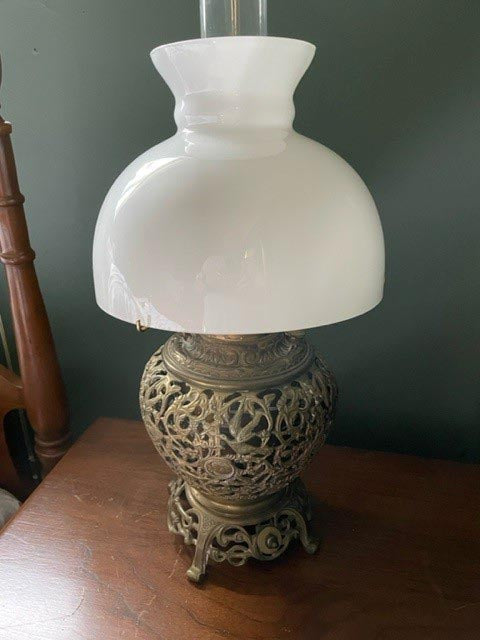 White Cased Glass Shade shown on Brass Lamp Base - Paxton Hardware