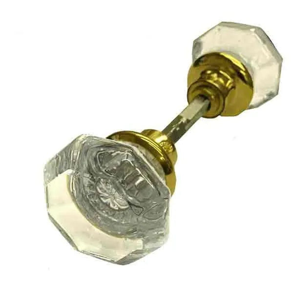 4 Sets Vintage Polished Brass & Glass Door Knobs With Spindles - New Old Stock