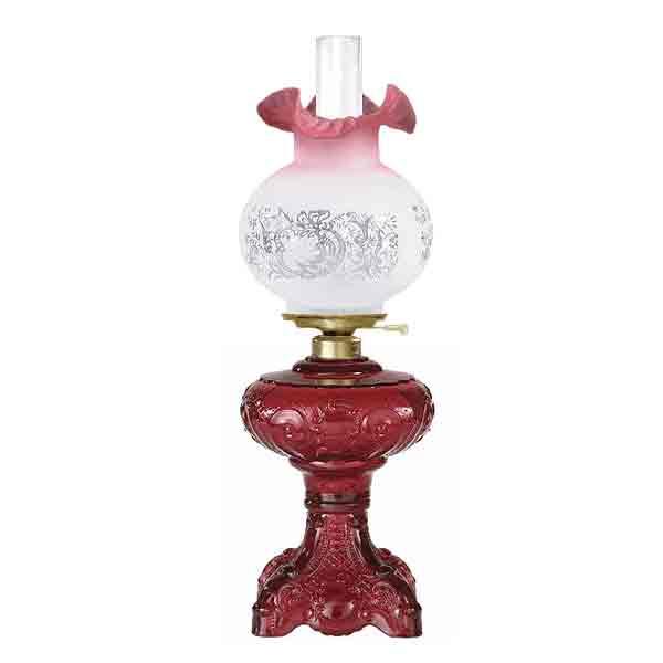 Ruby Glass Astral Lamp, Red Ruffled Shade - paxton hardware ltd