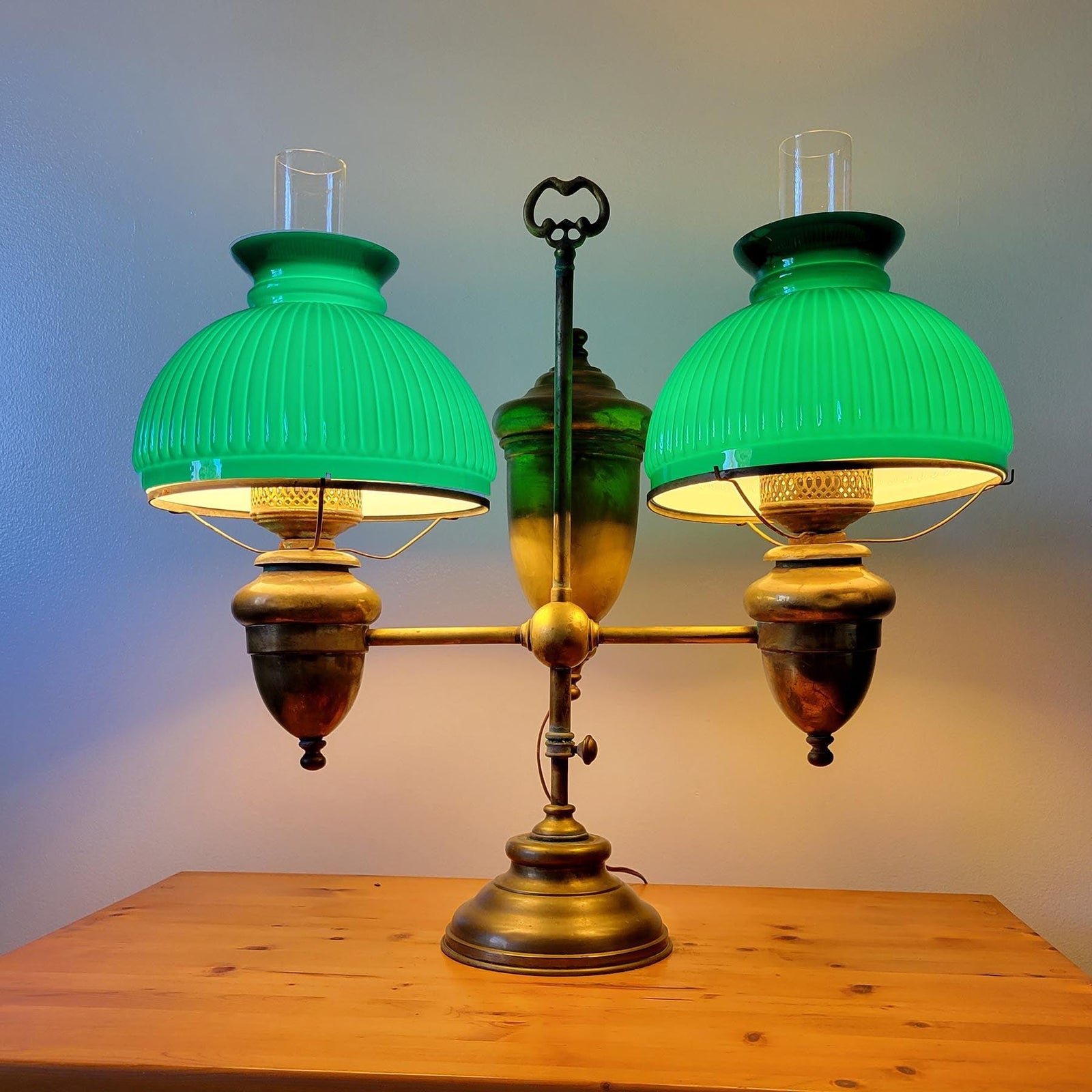 Green Ribbed Cased Glass Lampshades, ten - Paxton Hardware